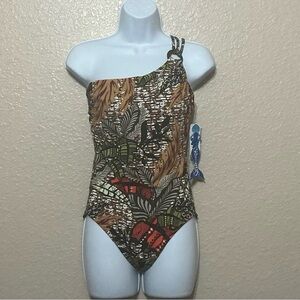 SKINNYDIPPERS MiracleSuit One Shoulder Brown Tropical Print swimsuit